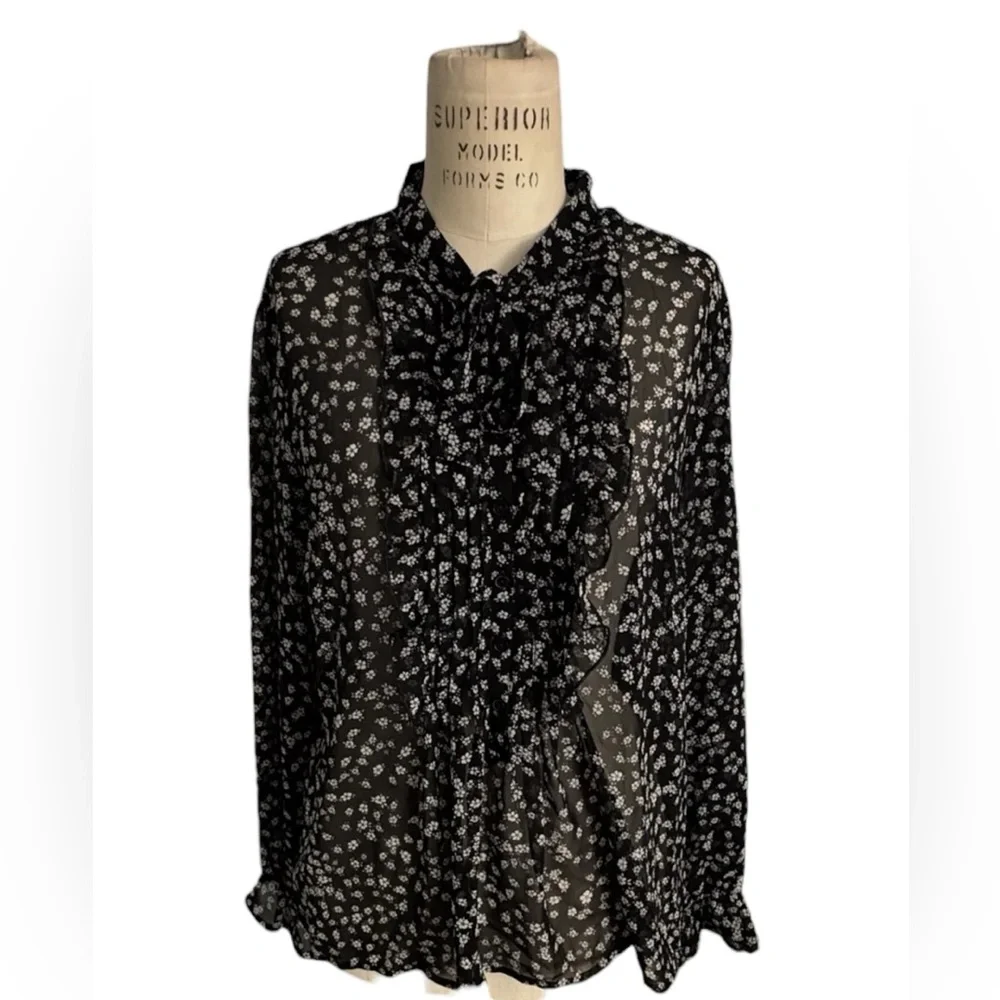 Express Black White Floral Blouse Ruffle Front Sheer Tie Neckline Office Size M - Picture 11 of 11